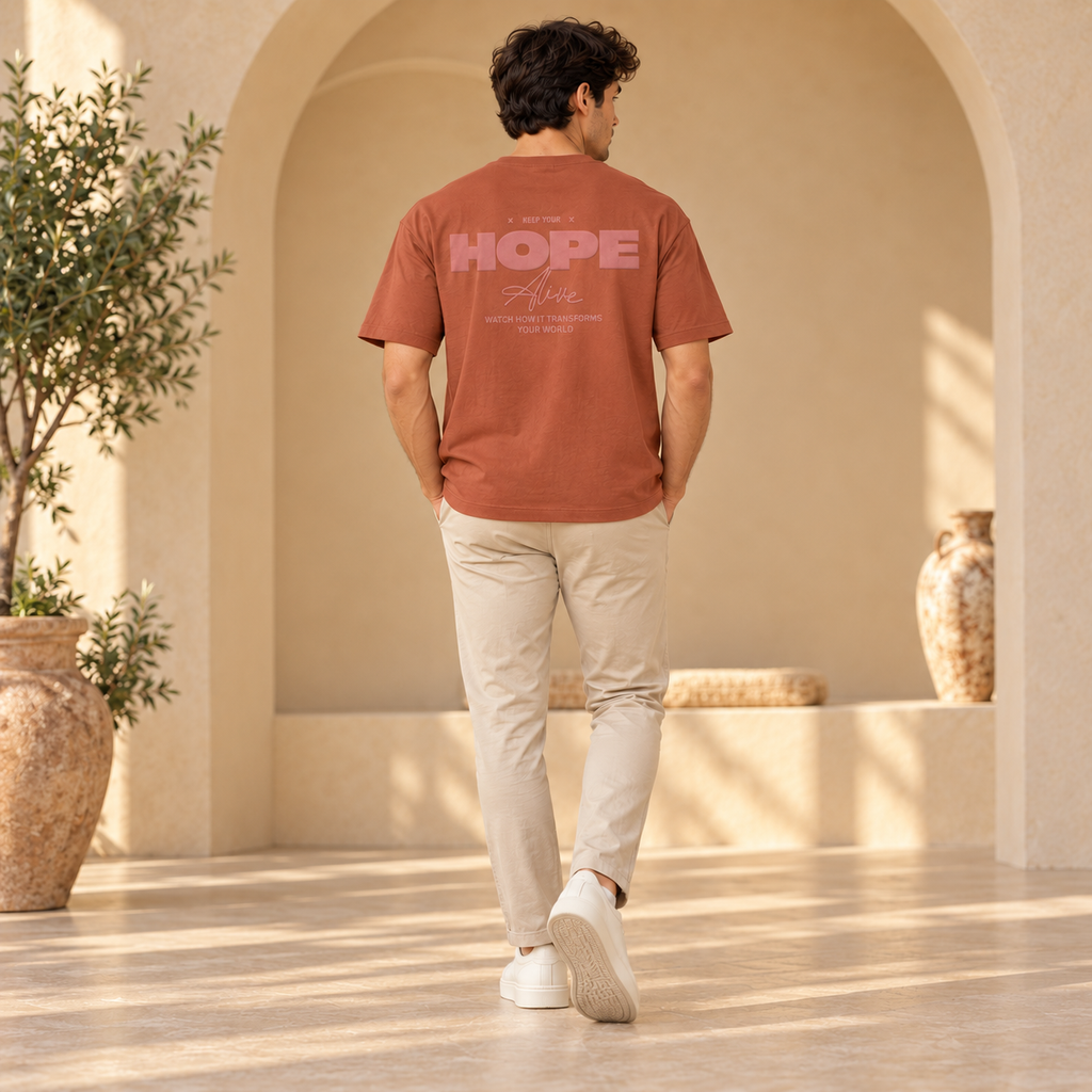 Men’s Rust Brown Down Shoulder HOPE Alive Graphic Printed T-Shirt