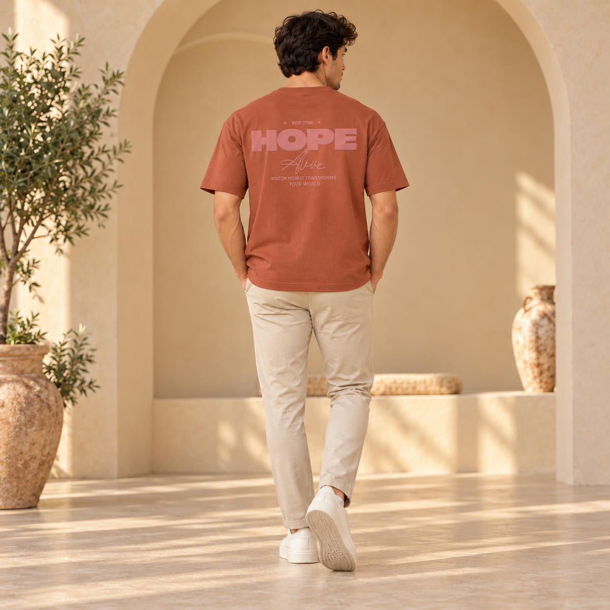 Men’s Rust Brown Down Shoulder HOPE Alive Graphic Printed T-Shirt