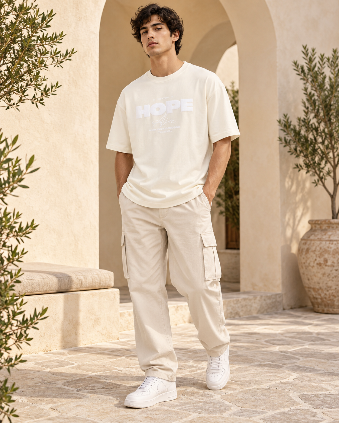 Men’s Off-White Down Shoulder HOPE Alive Graphic Printed T-Shirt