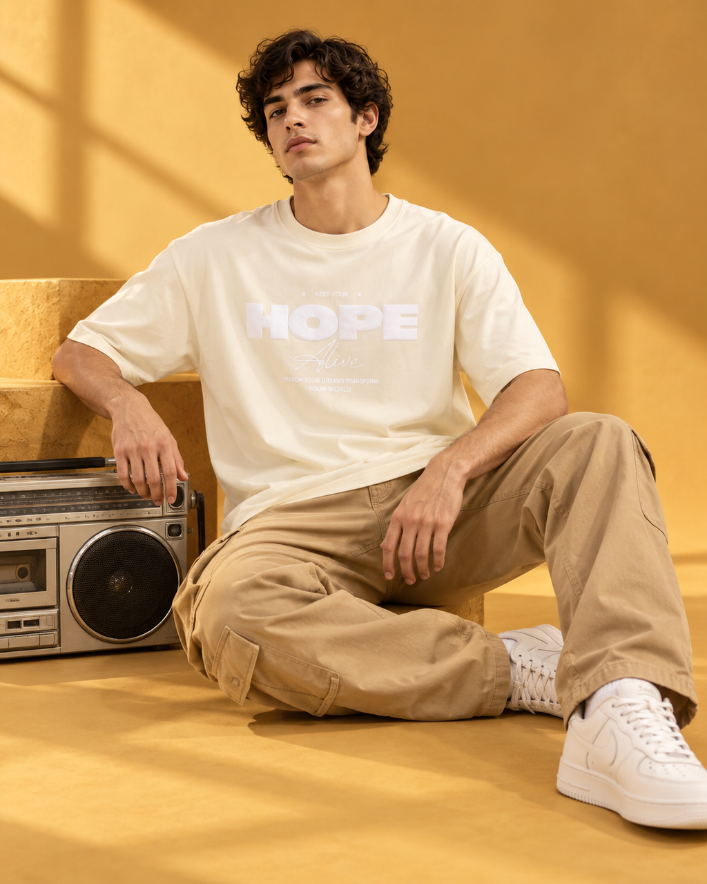 Men’s Off-White Down Shoulder HOPE Alive Graphic Printed T-Shirt