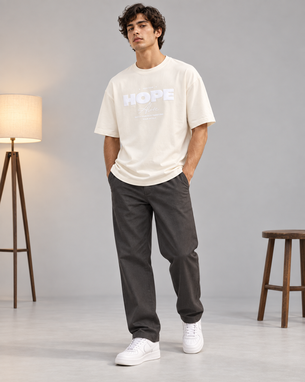 Men’s Off-White Down Shoulder HOPE Alive Graphic Printed T-Shirt