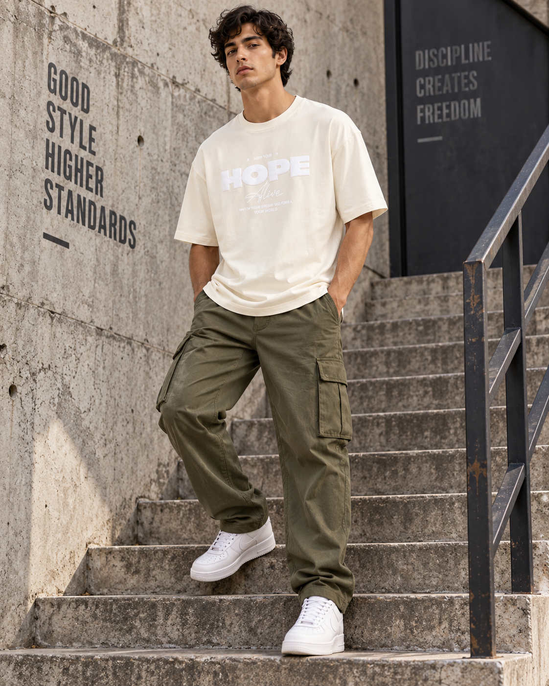 Men’s Off-White Down Shoulder HOPE Alive Graphic Printed T-Shirt