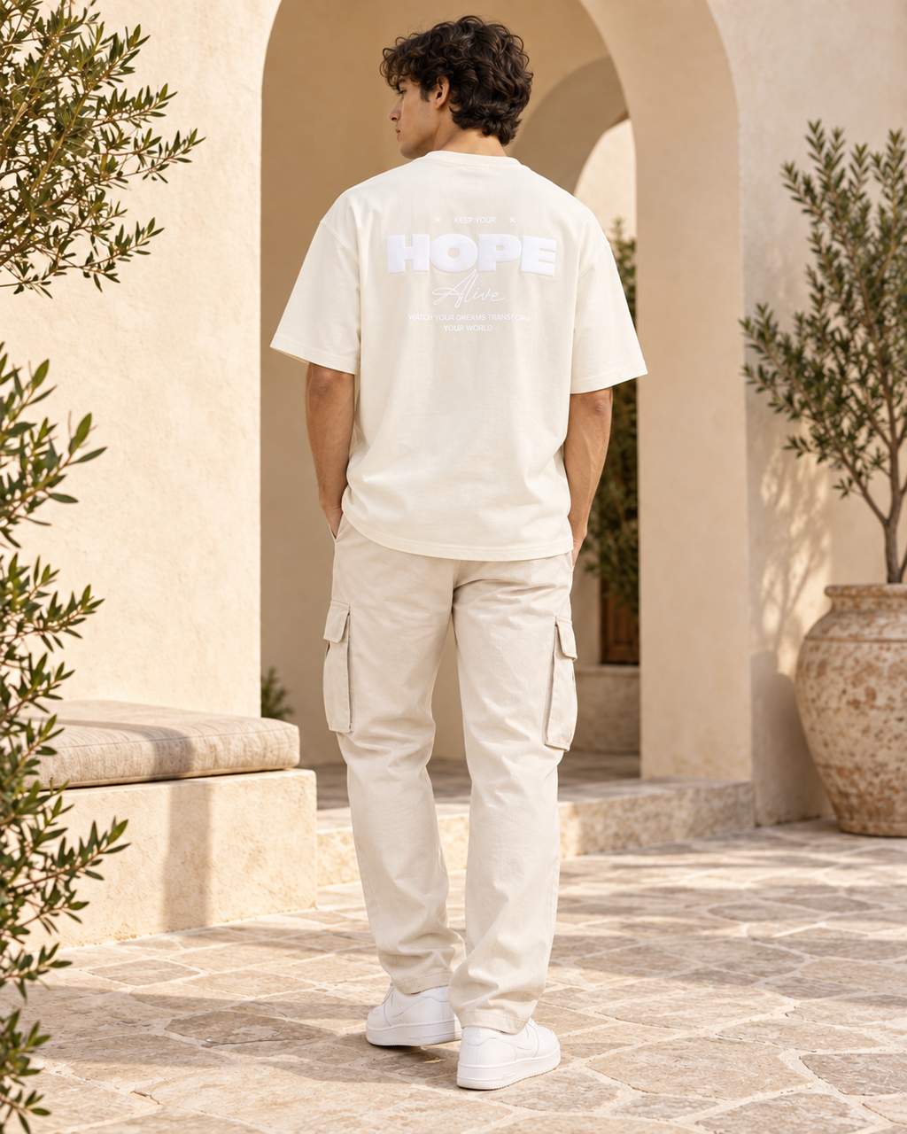 Men’s Off-White Down Shoulder HOPE Alive Graphic Printed T-Shirt