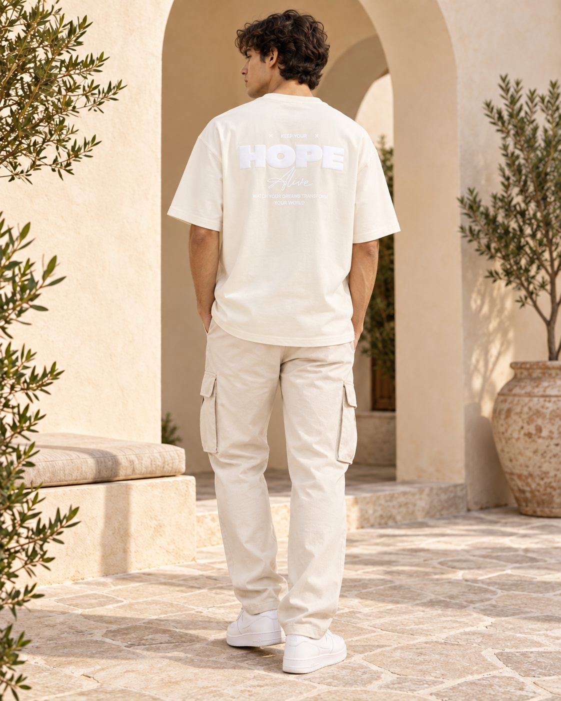 Men’s Off-White Down Shoulder HOPE Alive Graphic Printed T-Shirt