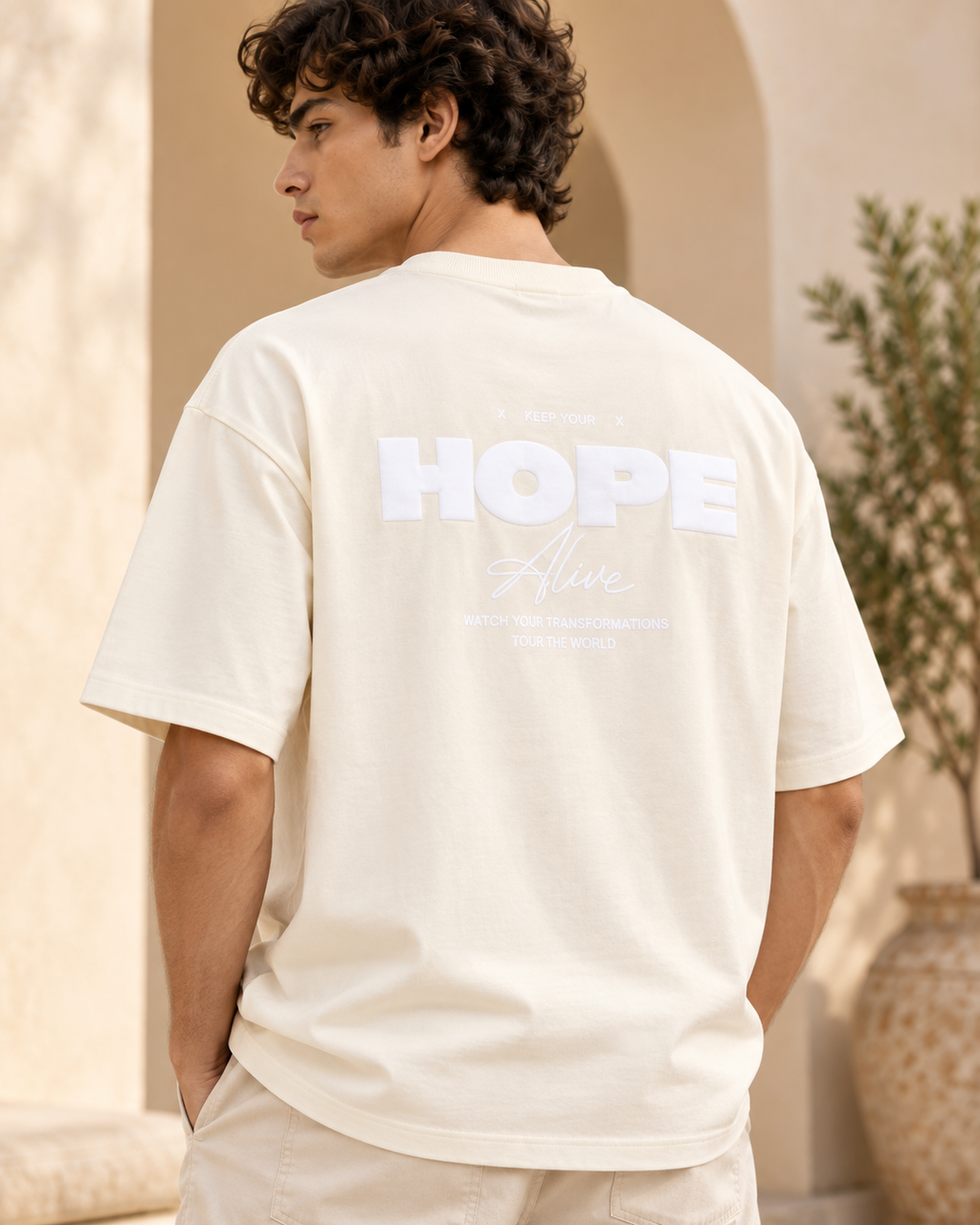 Men’s Off-White Down Shoulder HOPE Alive Graphic Printed T-Shirt