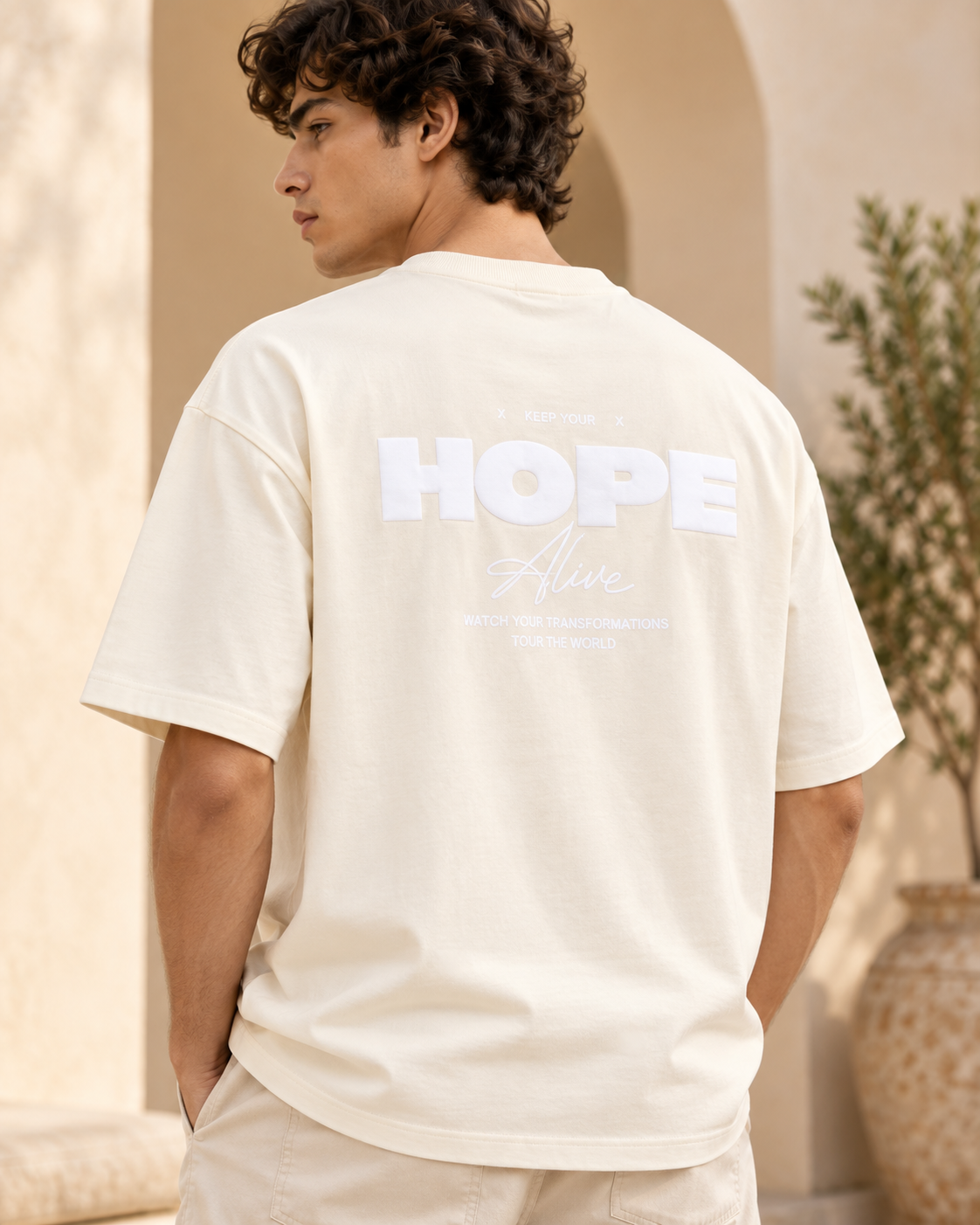 Men’s Off-White Down Shoulder HOPE Alive Graphic Printed T-Shirt