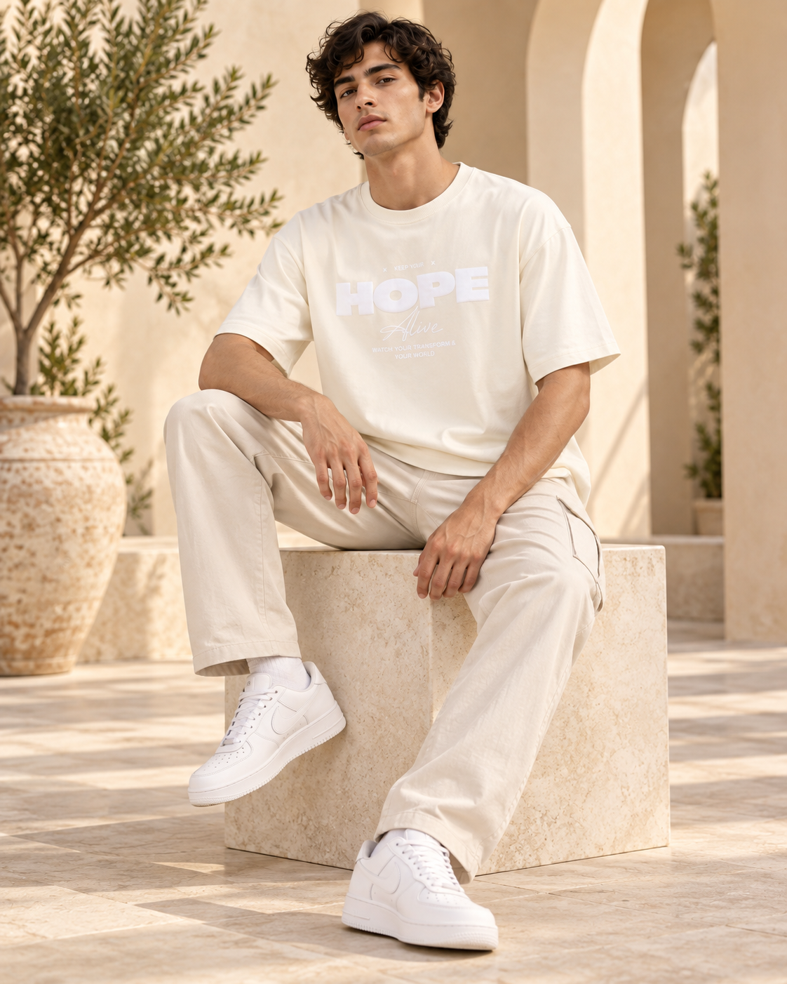 Men’s Off-White Down Shoulder HOPE Alive Graphic Printed T-Shirt
