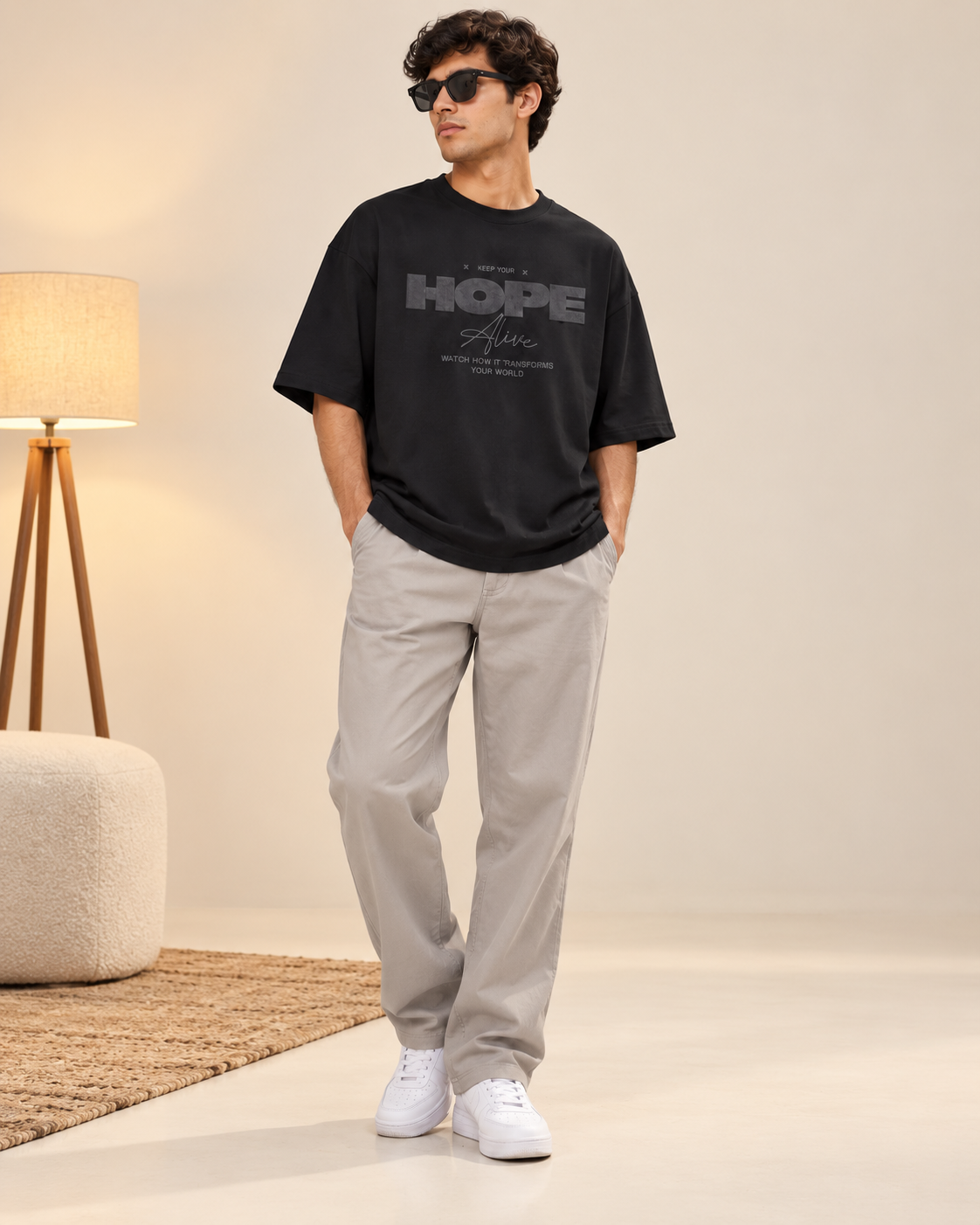 Men’s Black Down Shoulder HOPE Alive Graphic Printed T-Shirt