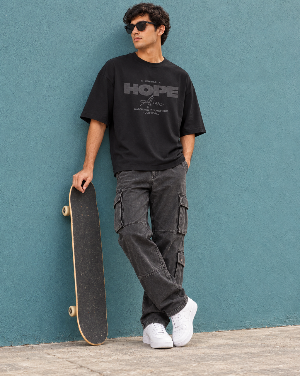 Men’s Black Down Shoulder HOPE Alive Graphic Printed T-Shirt