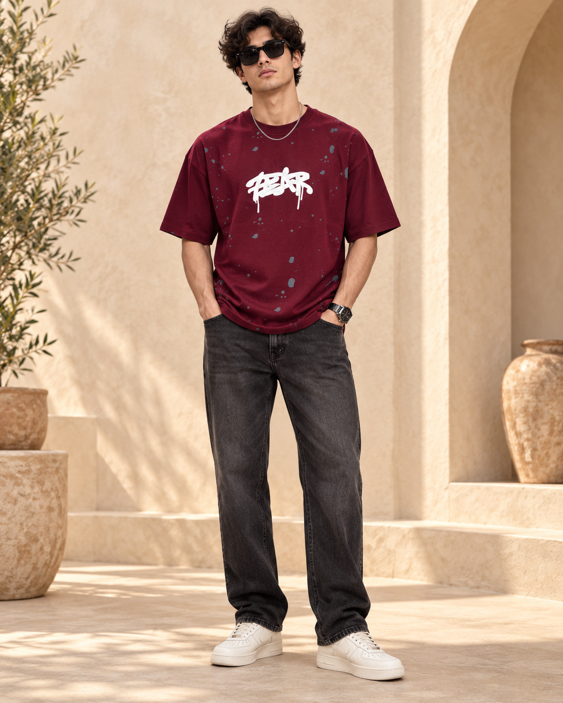 Men’s Maroon Down Shoulder Fear No One Graphic Printed T-Shirt