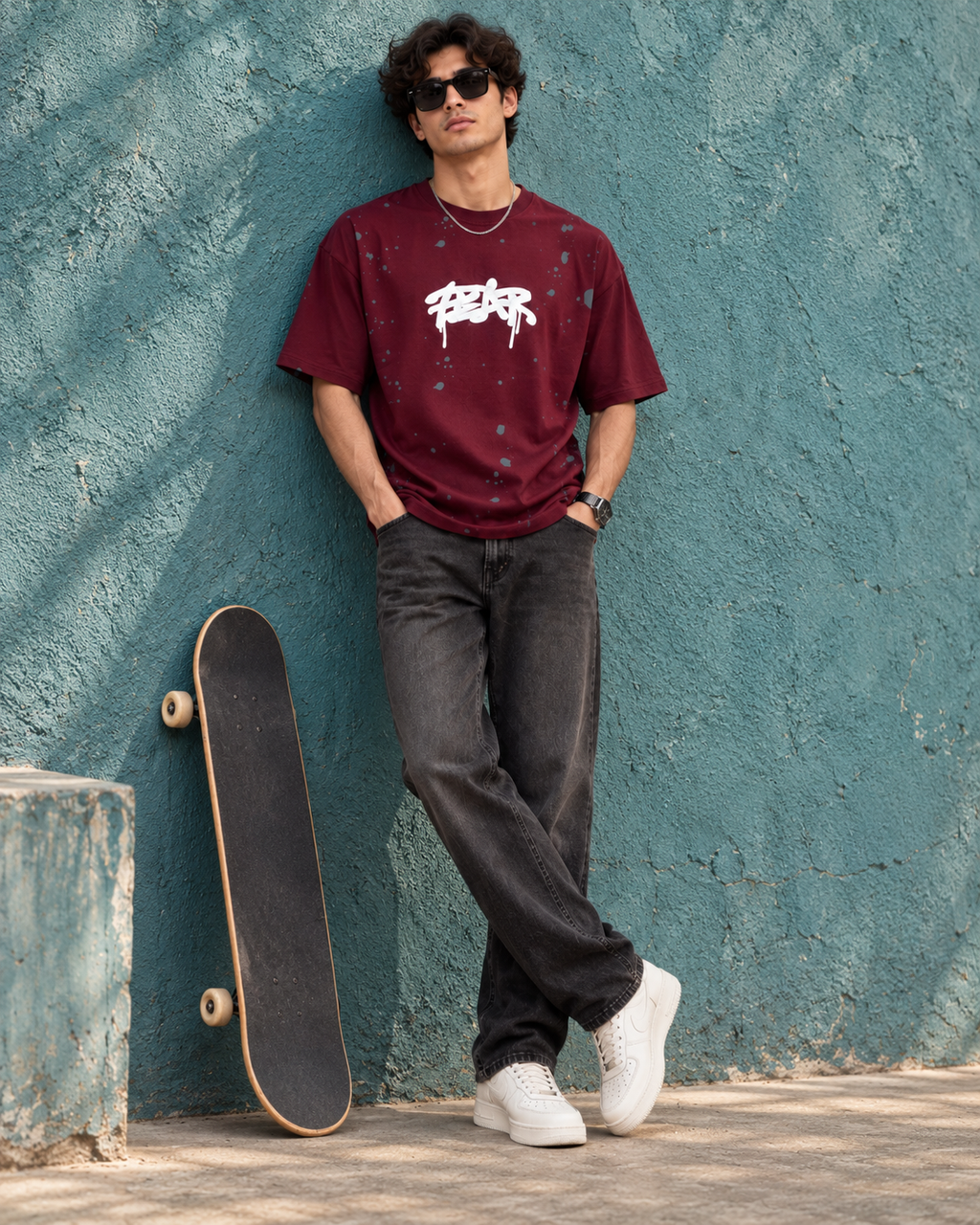 Men’s Maroon Down Shoulder Fear No One Graphic Printed T-Shirt