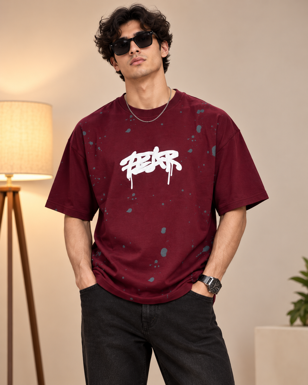 Men’s Maroon Down Shoulder Fear No One Graphic Printed T-Shirt