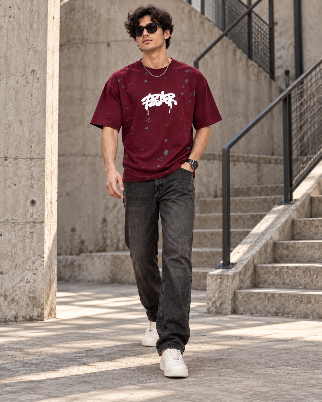 Men’s Maroon Down Shoulder Fear No One Graphic Printed T-Shirt