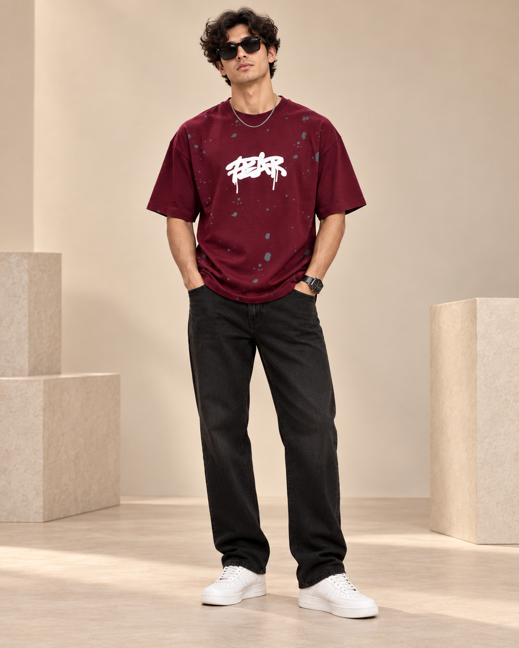Men’s Maroon Down Shoulder Fear No One Graphic Printed T-Shirt