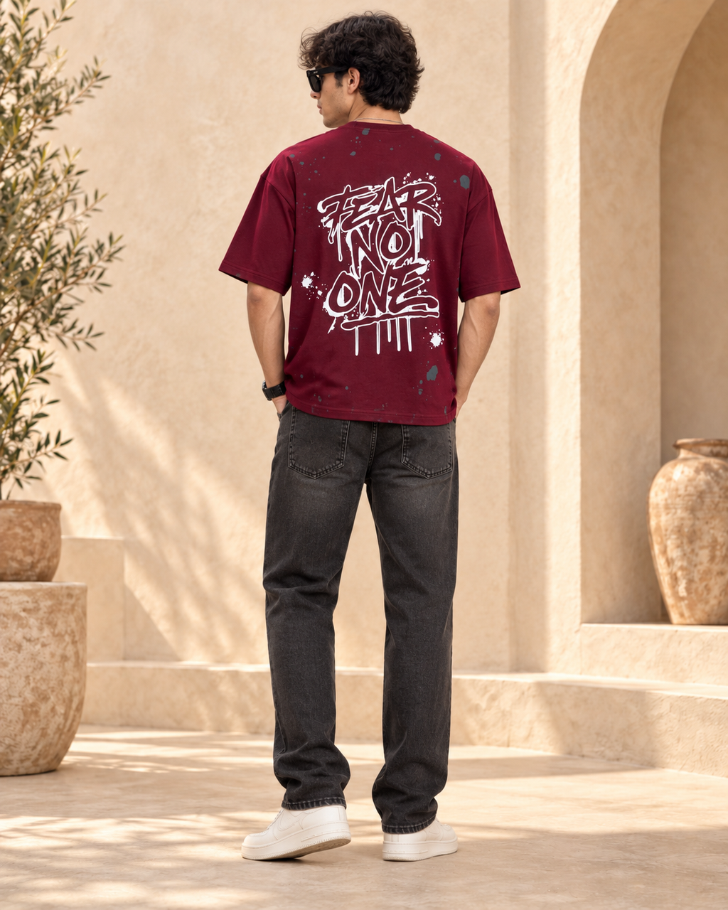 Men’s Maroon Down Shoulder Fear No One Graphic Printed T-Shirt