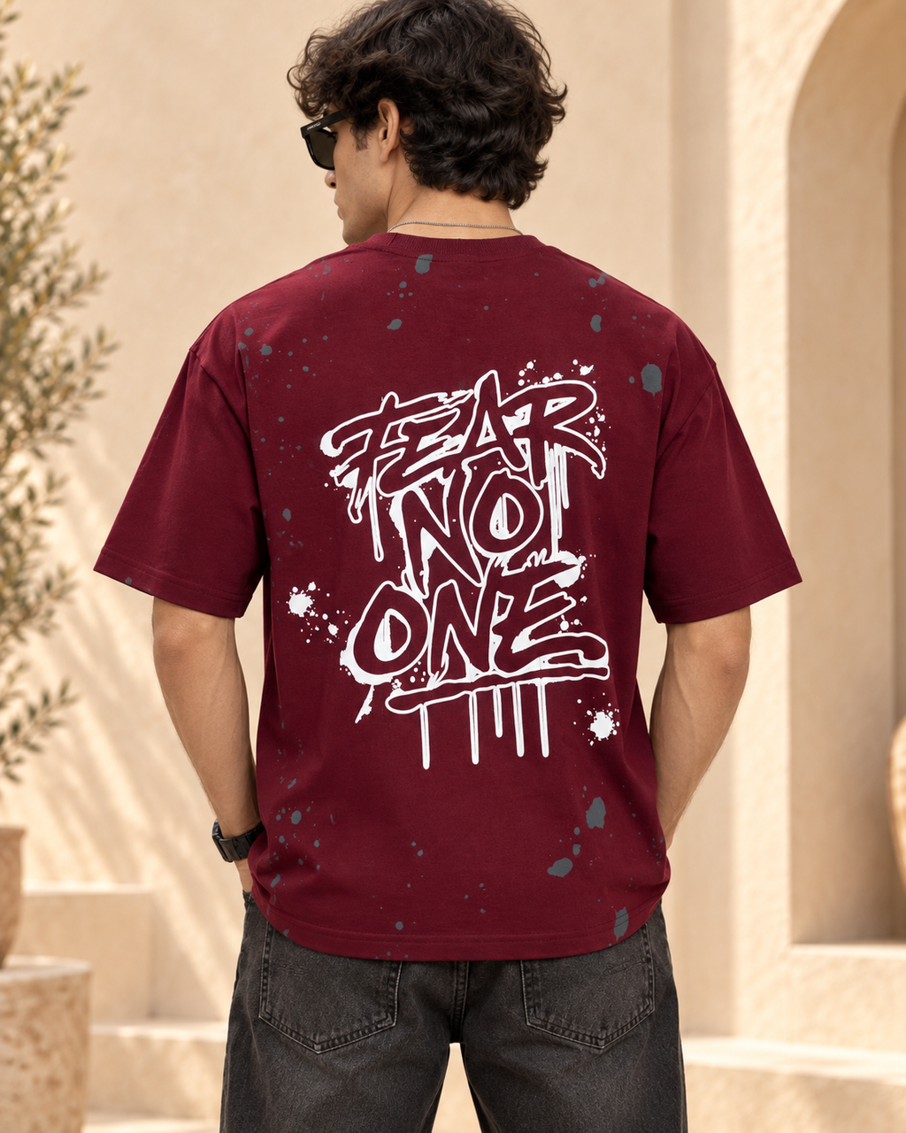 Men’s Maroon Down Shoulder Fear No One Graphic Printed T-Shirt