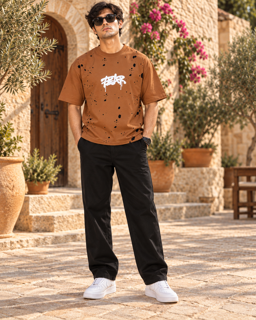 Men’s Camel Brown Down Shoulder Fear No One Graphic Printed T-Shirt