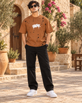 Men’s Camel Brown Down Shoulder Fear No One Graphic Printed T-Shirt
