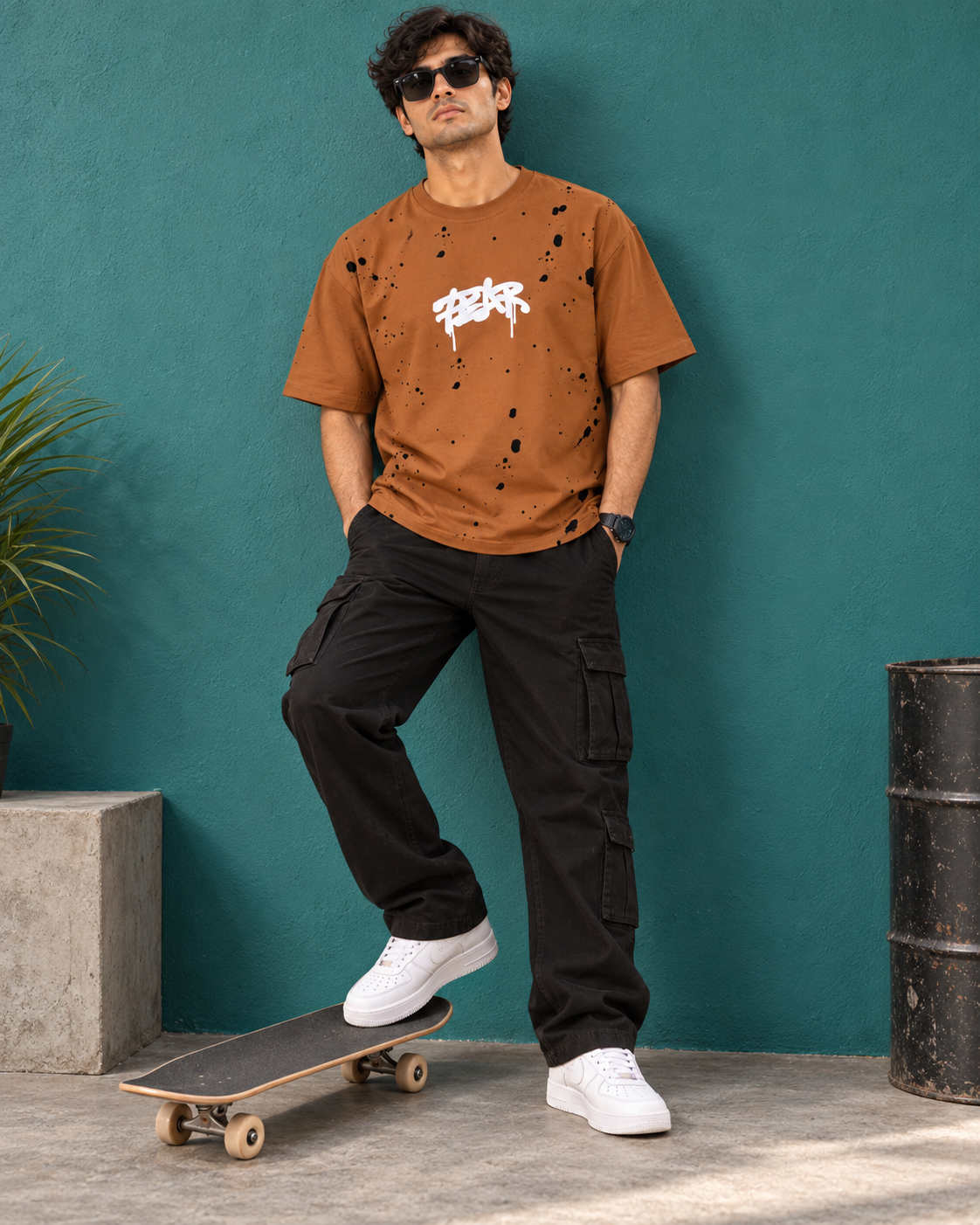 Men’s Camel Brown Down Shoulder Fear No One Graphic Printed T-Shirt
