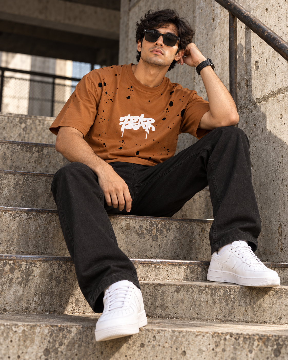 Men’s Camel Brown Down Shoulder Fear No One Graphic Printed T-Shirt