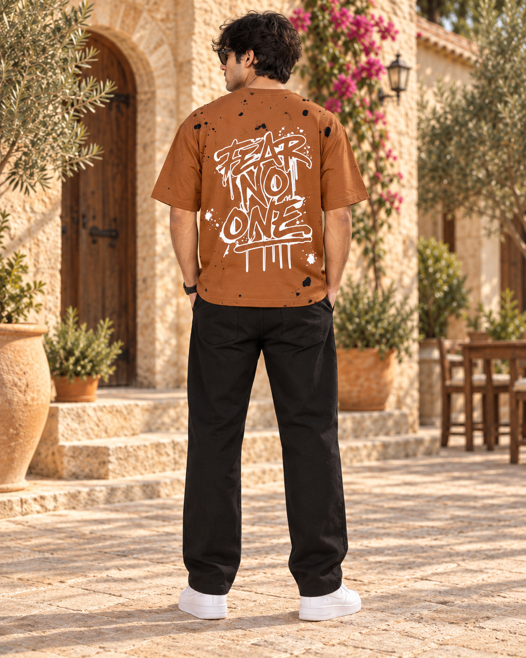 Men’s Camel Brown Down Shoulder Fear No One Graphic Printed T-Shirt