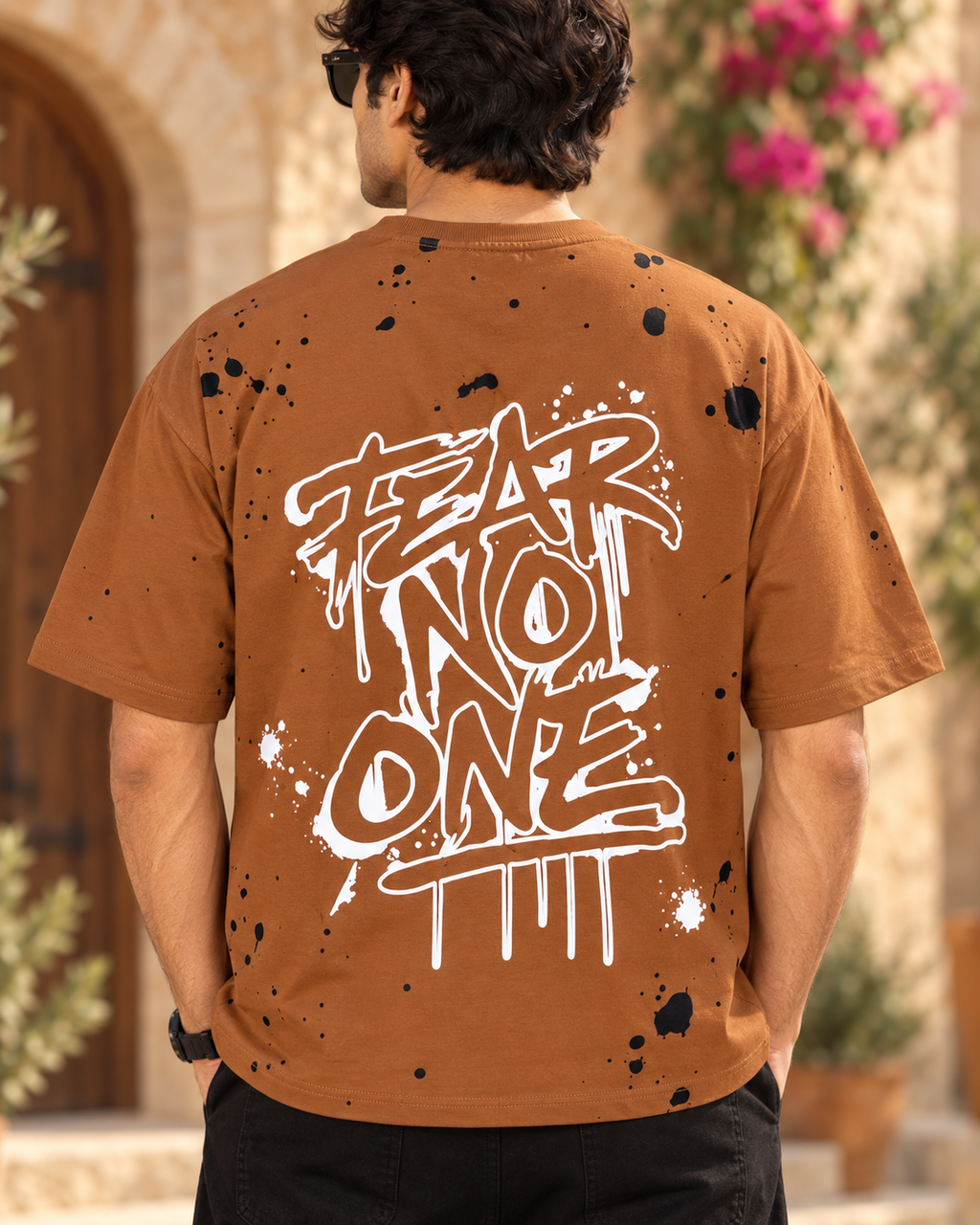 Men’s Camel Brown Down Shoulder Fear No One Graphic Printed T-Shirt