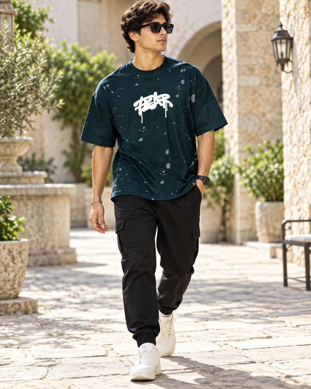 Men’s Dark Teal Down Shoulder Fear No One Graphic Printed T-Shirt