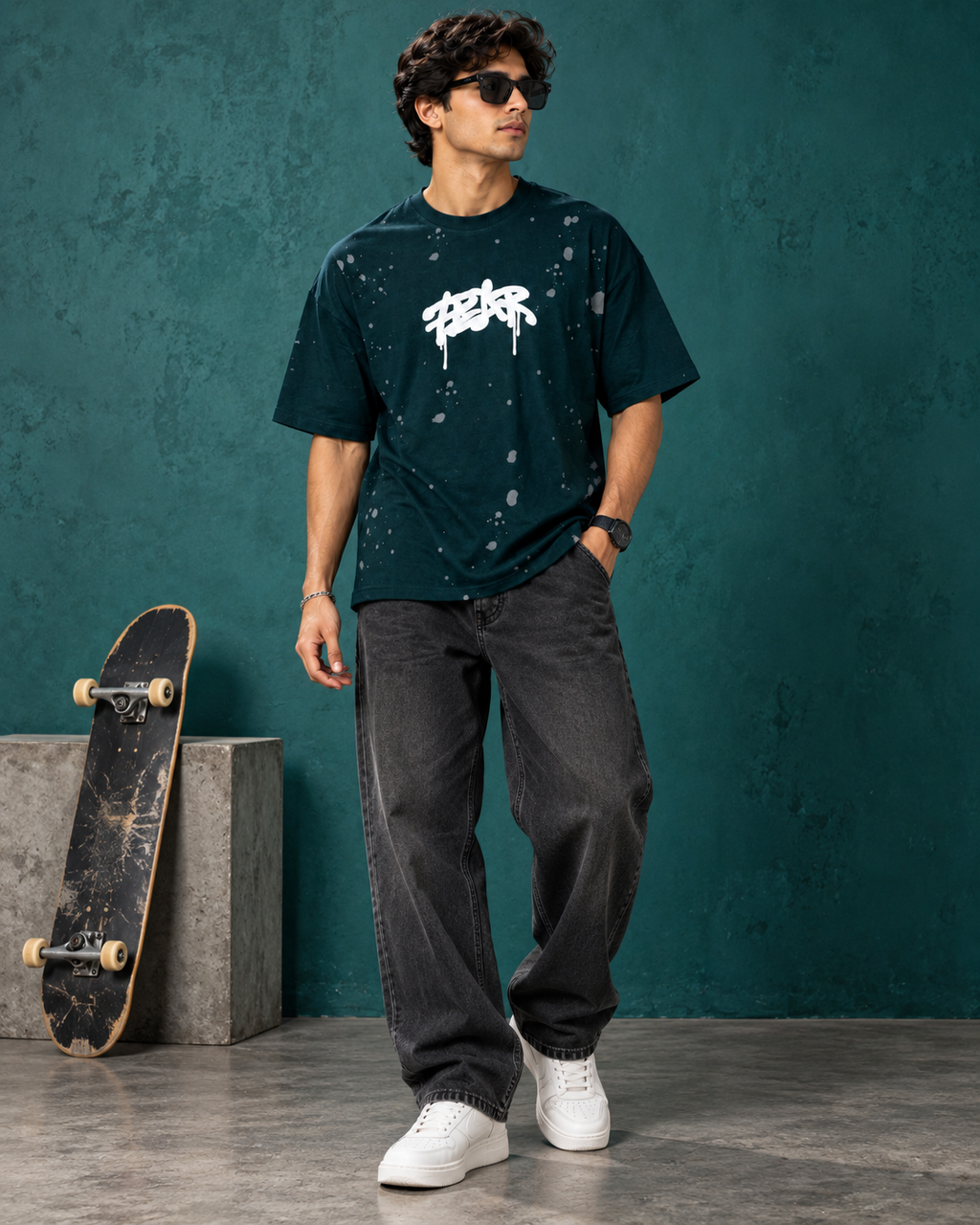 Men’s Dark Teal Down Shoulder Fear No One Graphic Printed T-Shirt