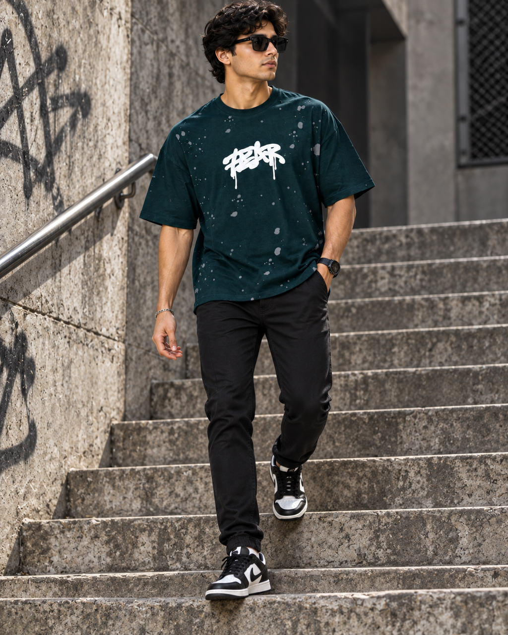 Men’s Dark Teal Down Shoulder Fear No One Graphic Printed T-Shirt