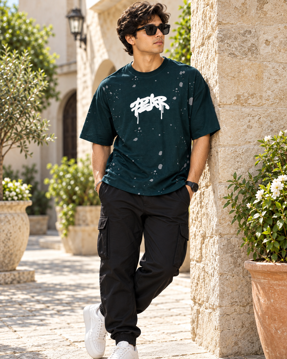 Men’s Dark Teal Down Shoulder Fear No One Graphic Printed T-Shirt