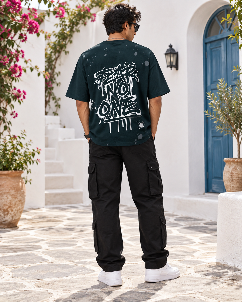 Men’s Dark Teal Down Shoulder Fear No One Graphic Printed T-Shirt