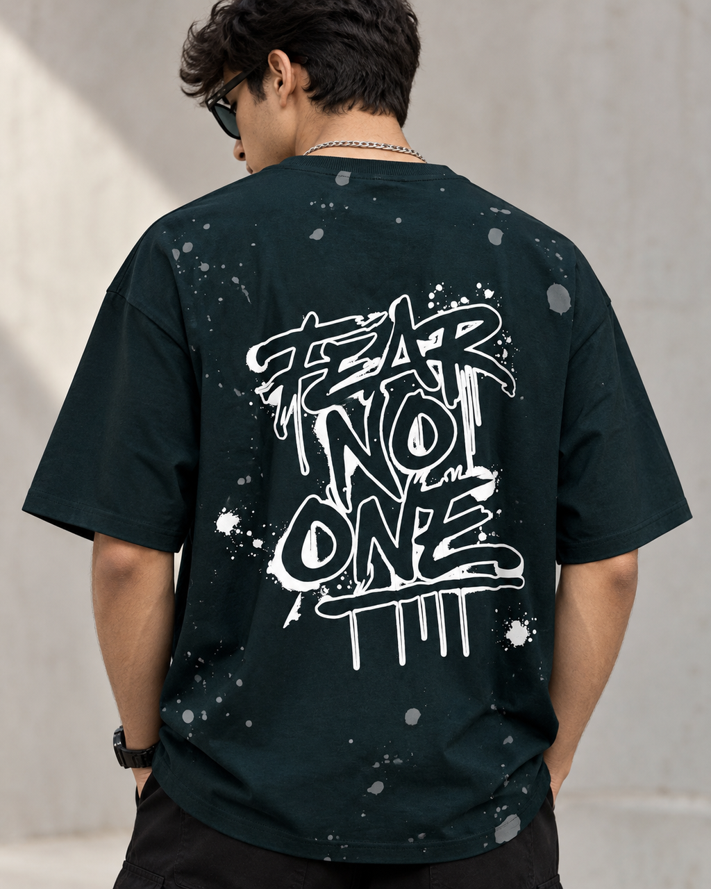 Men’s Dark Teal Down Shoulder Fear No One Graphic Printed T-Shirt