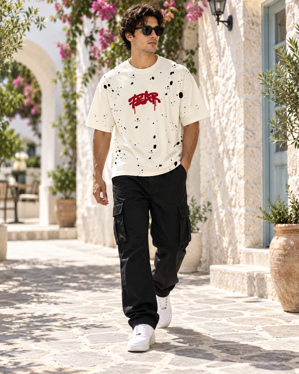 Men’s Off-White Down Shoulder Fear No One Graphic Printed T-Shirt