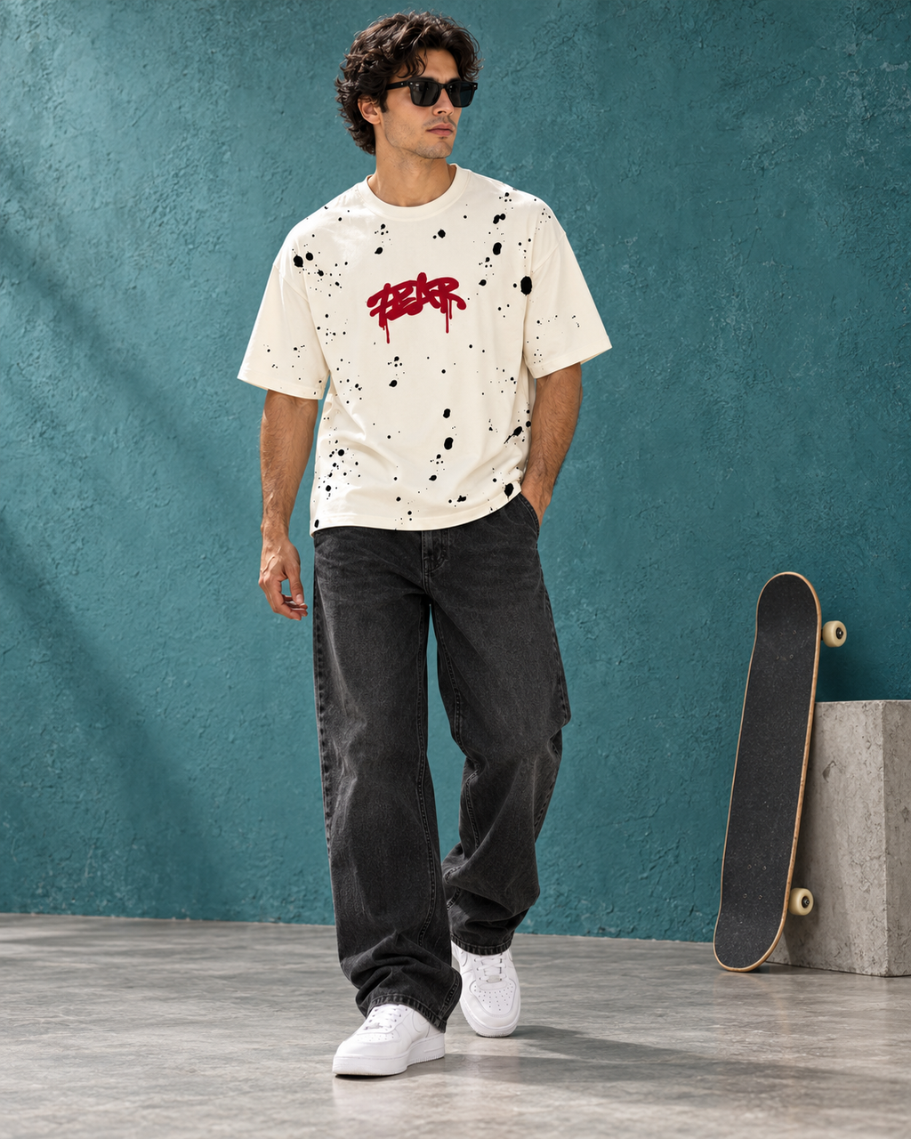 Men’s Off-White Down Shoulder Fear No One Graphic Printed T-Shirt