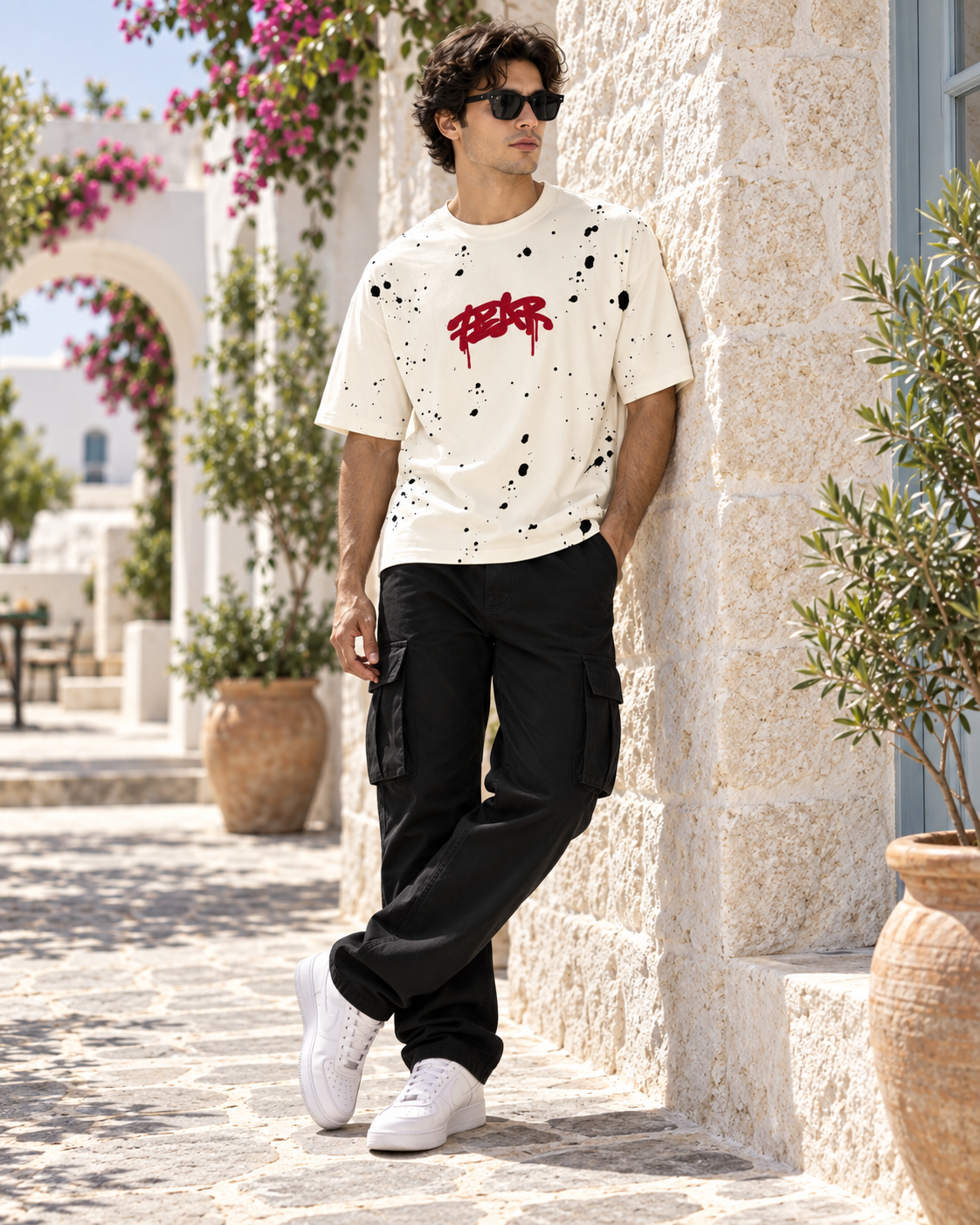 Men’s Off-White Down Shoulder Fear No One Graphic Printed T-Shirt