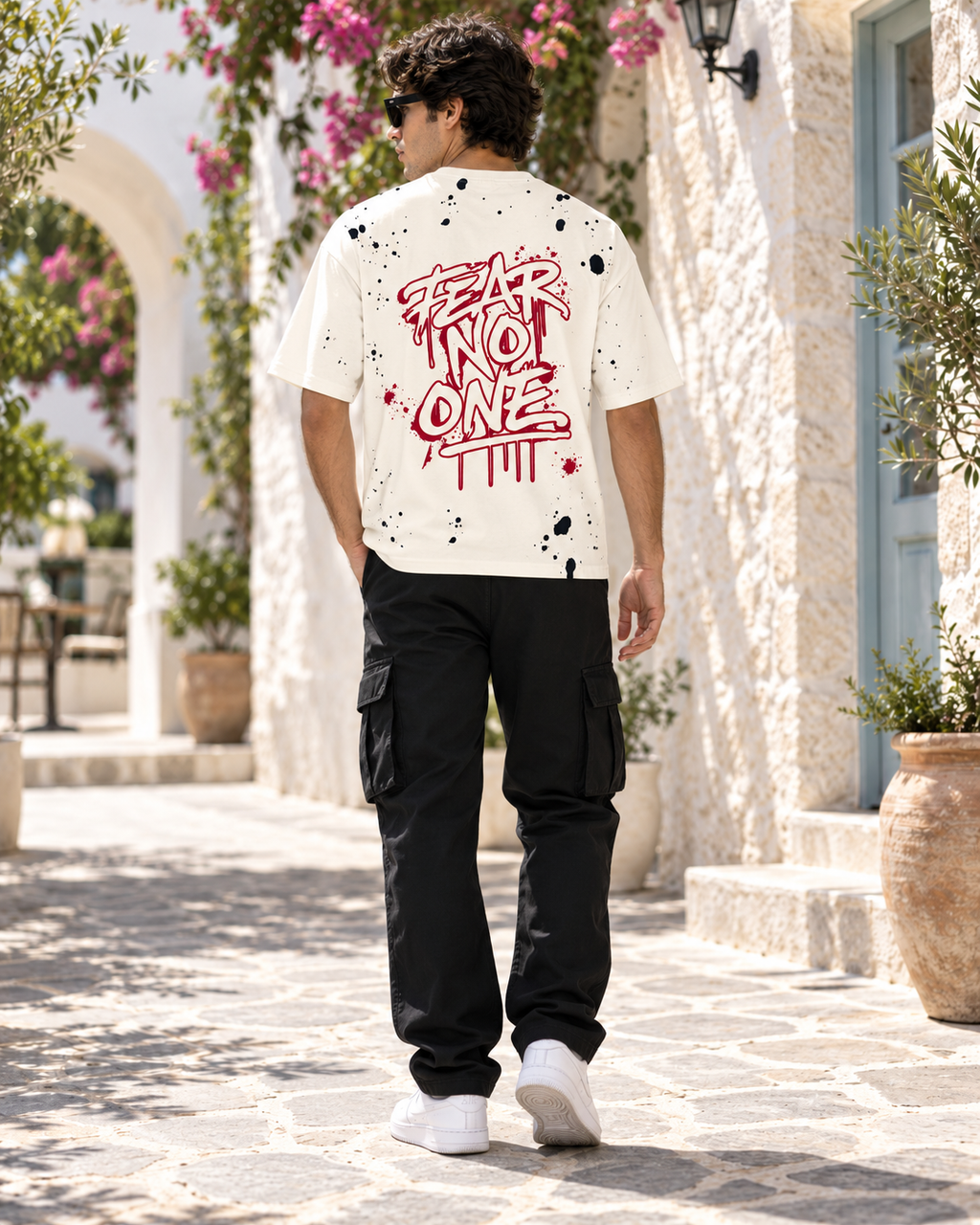Men’s Off-White Down Shoulder Fear No One Graphic Printed T-Shirt