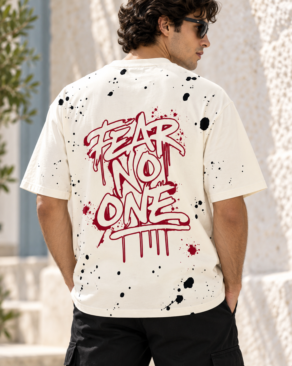 Men’s Off-White Down Shoulder Fear No One Graphic Printed T-Shirt