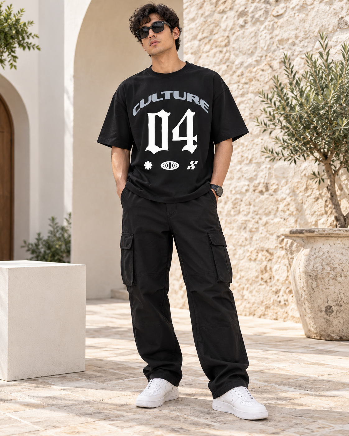 Men’s Black Down Shoulder Culture 04 Graphic Printed T-Shirt