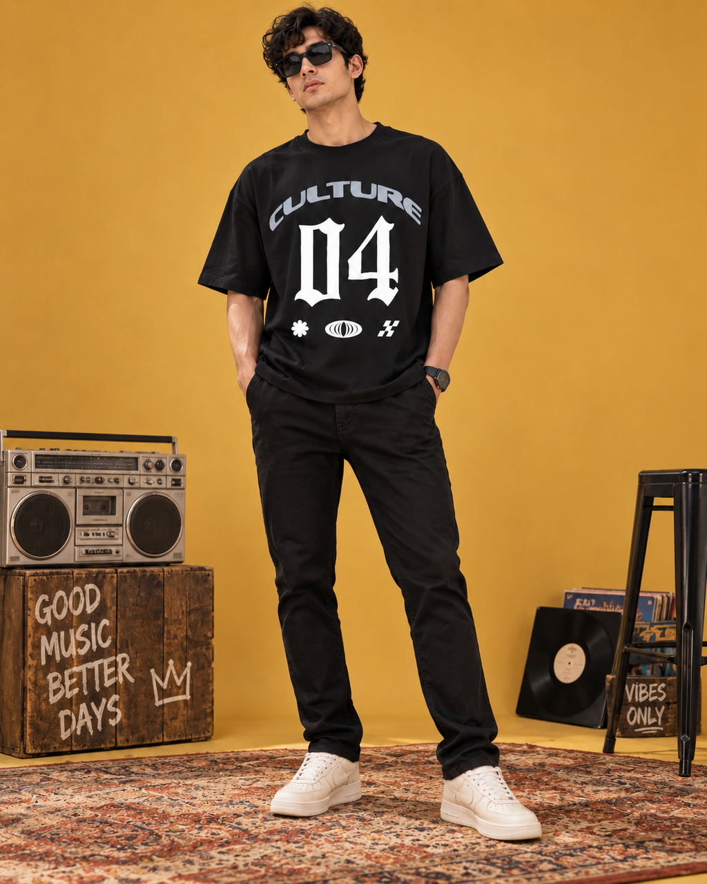 Men’s Black Down Shoulder Culture 04 Graphic Printed T-Shirt