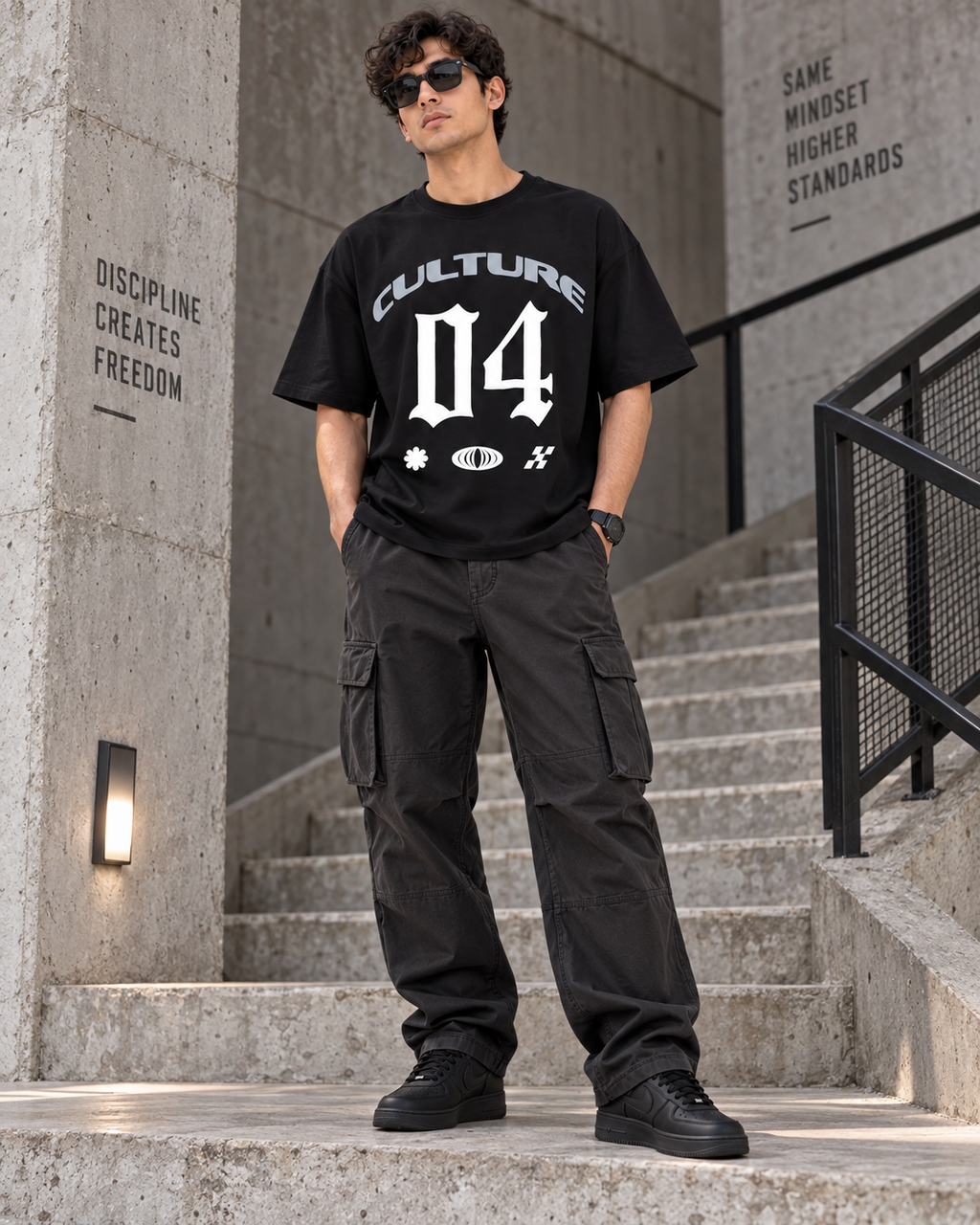 Men’s Black Down Shoulder Culture 04 Graphic Printed T-Shirt