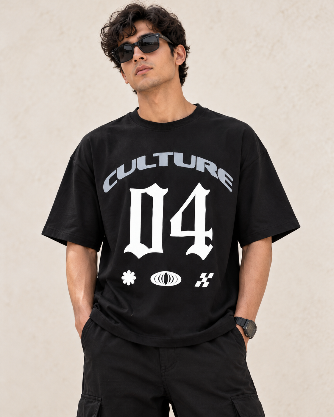 Men’s Black Down Shoulder Culture 04 Graphic Printed T-Shirt