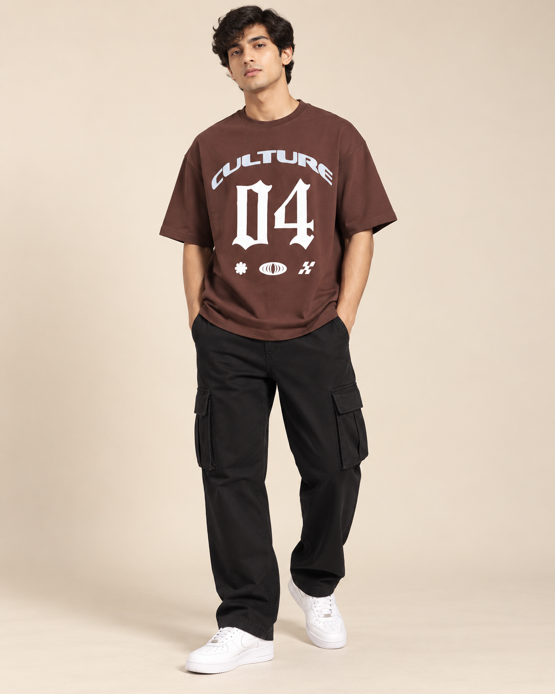 Men’s Chocolate Brown Down Shoulder Graphic Printed T-Shirt