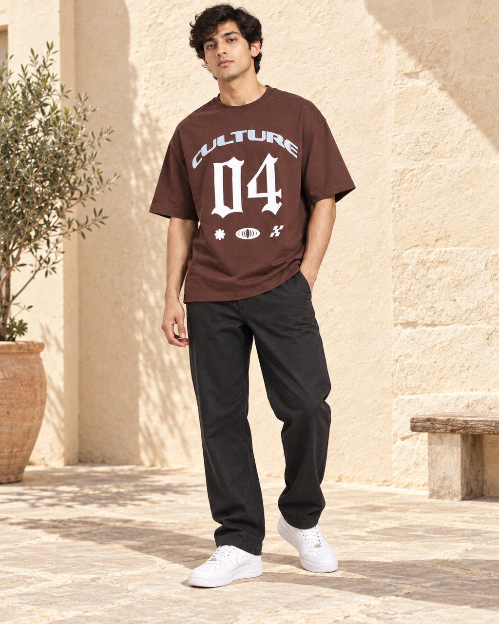 Men’s Chocolate Brown Down Shoulder Graphic Printed T-Shirt