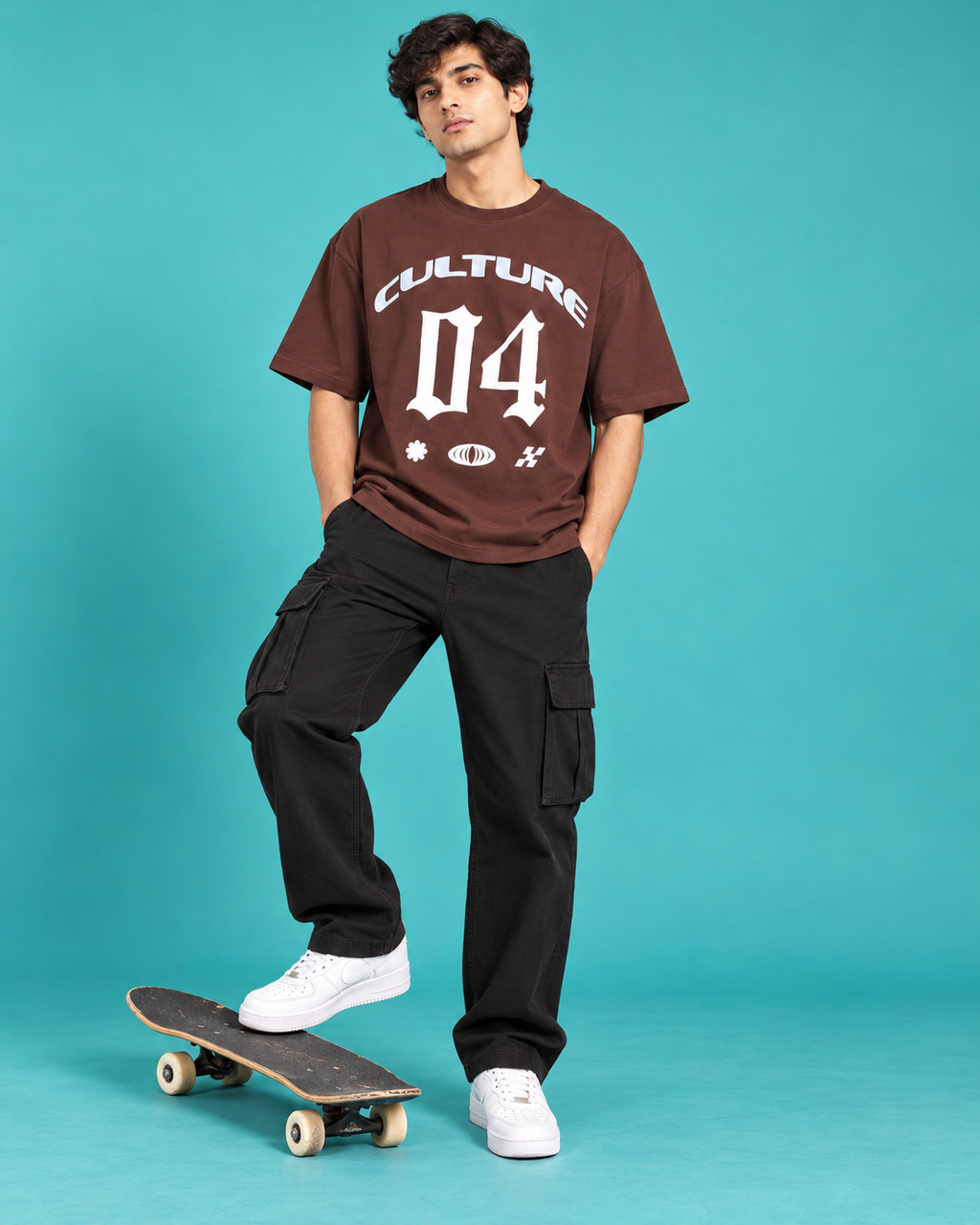 Men’s Chocolate Brown Down Shoulder Graphic Printed T-Shirt