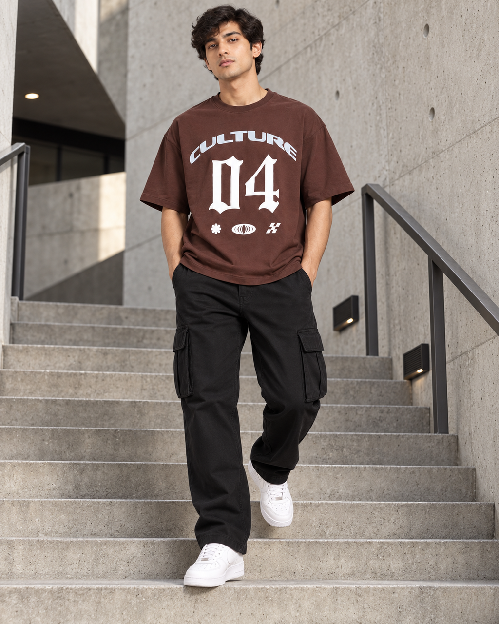 Men’s Chocolate Brown Down Shoulder Graphic Printed T-Shirt