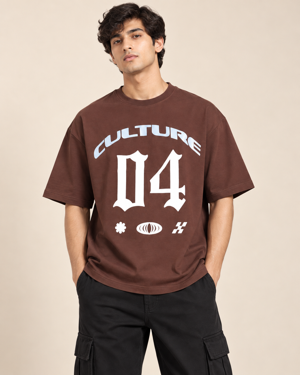 Men’s Chocolate Brown Down Shoulder Graphic Printed T-Shirt