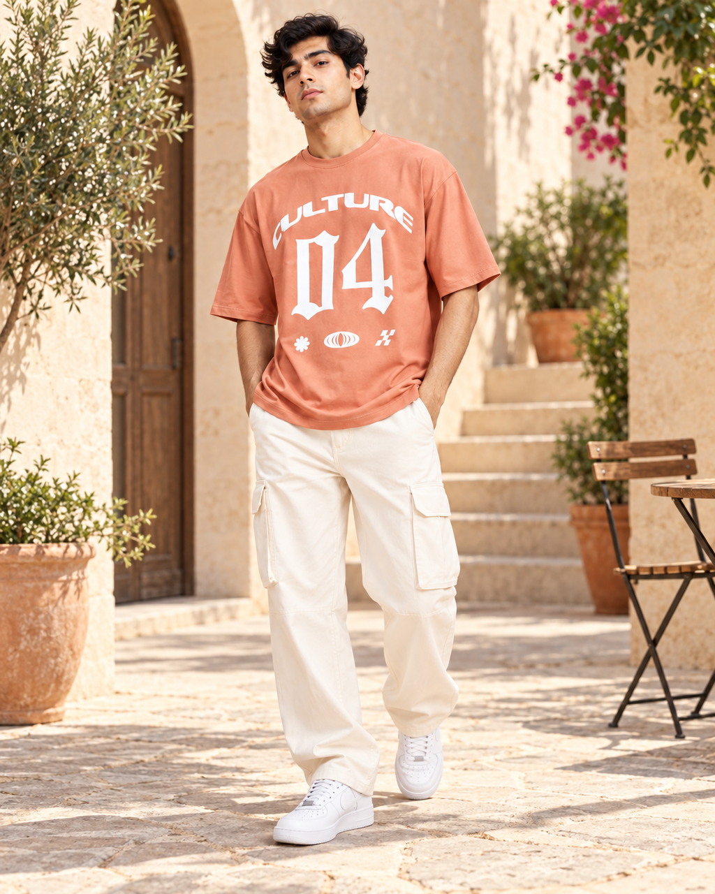 Men’s Peach Down Shoulder Culture 04 Graphic Printed T-Shirt