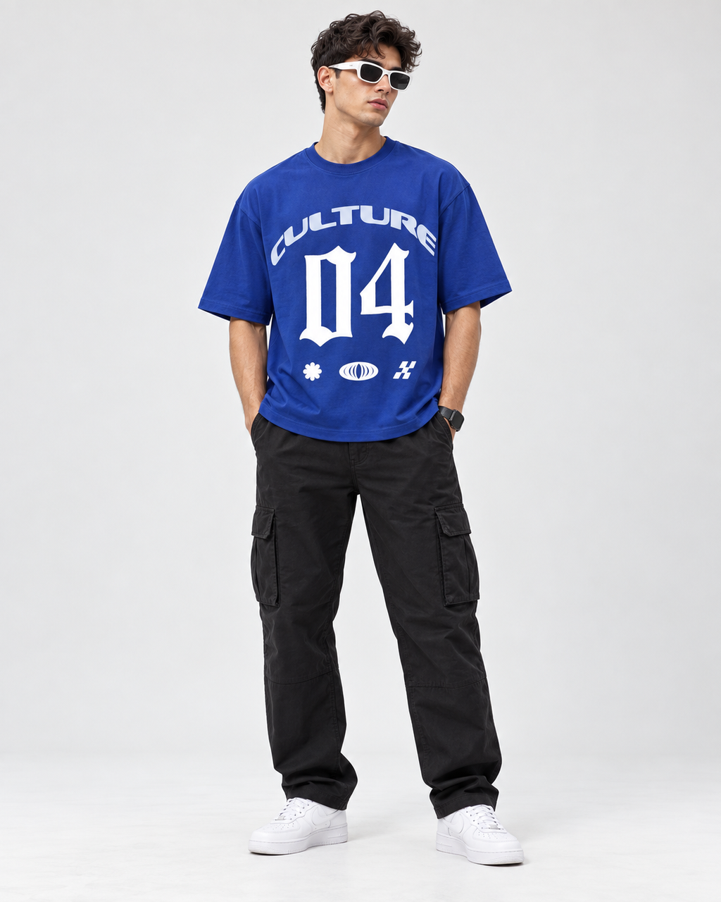 Men’s Royal Blue Down Shoulder Graphic Printed T-Shirt