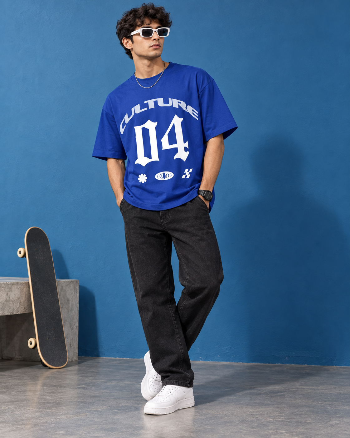Men’s Royal Blue Down Shoulder Graphic Printed T-Shirt