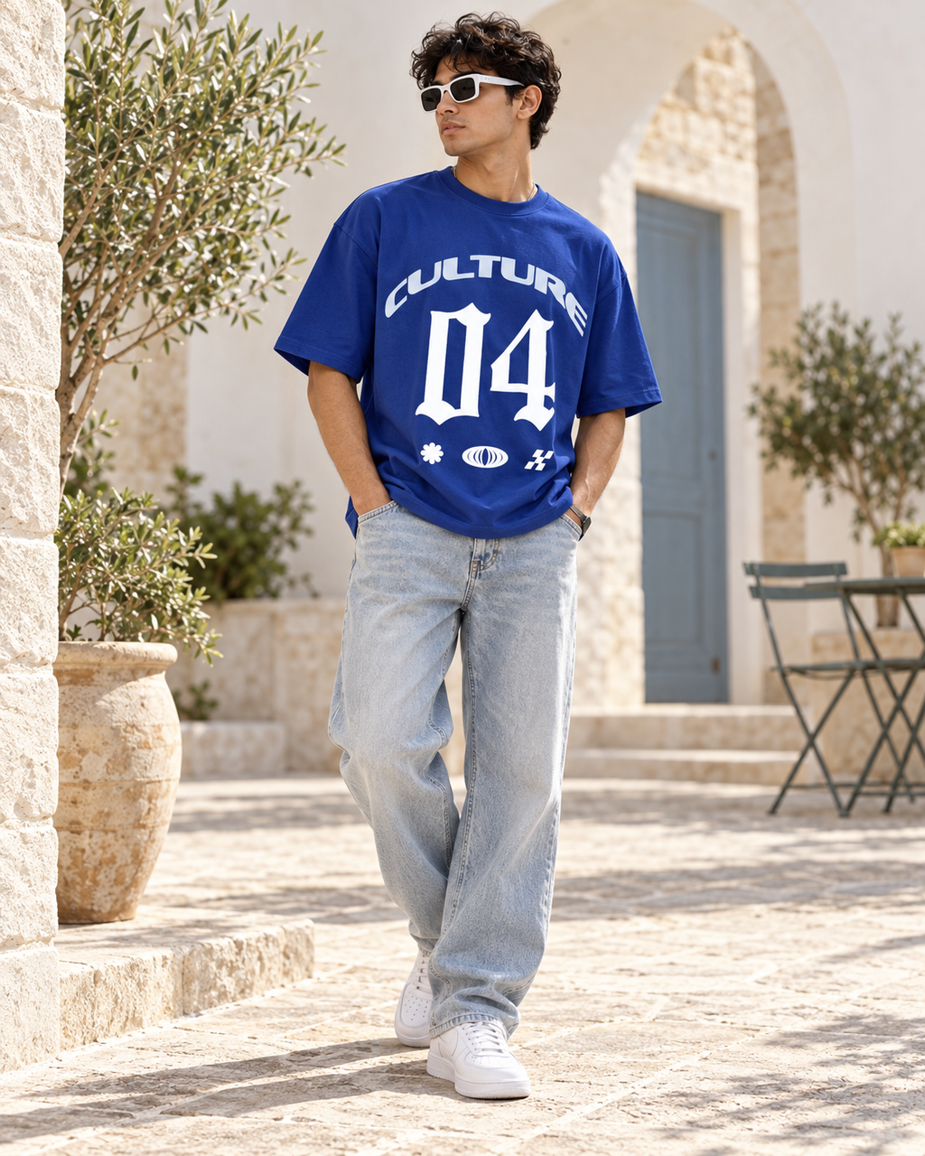 Men’s Royal Blue Down Shoulder Graphic Printed T-Shirt